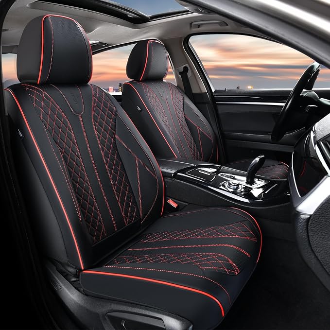 FLORICH Leather Car Seat Covers, Automotive Seat Cover 2 Pack Waterproof Seat Covers for Cars Driver Seat Cover Protectors Universal Fit for Most Cars SUV Trucks Vehicles, Black&Red Line by FLORICH