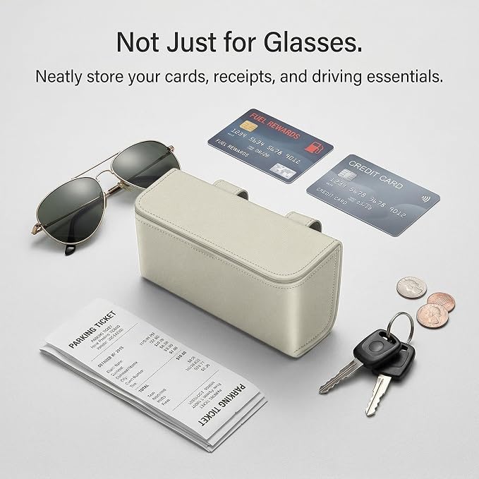 Magnetic Sunglasses Holder for Car Visor, PU Leather Clip, Beige | Soft Inner Lining, One-Handed Access, Holds Eyeglasses, Parking Tickets and Receipts, For Cars, SUVs and Trucks, 1 Pack - Image 5