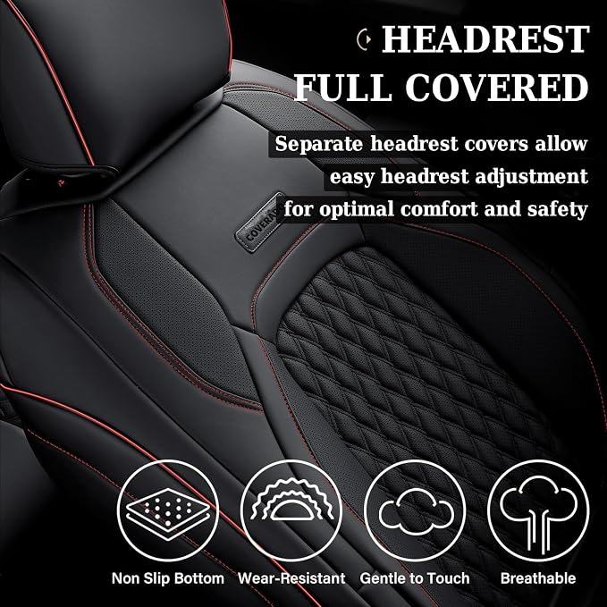 Coverado Chevy Chevrolet Silverado GMC Sierra Seat Covers Full Set, Custom Fit for 2014-2018 1500, 2015-2019 2500HD 3500HD Crew Double Extended Cab, Faux Waterproof Leather Seat Covers (Redline) - Image 5