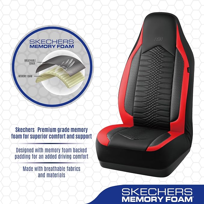 Skechers Memory Foam Car Seat Covers, Leather High Back Seat Covers Quilting Design,Waterproof Sports Car Seat Covers Front Seats,Airbag Compatible, Universal Fit for Most Cars, SUVs,Trucks,Red - Image 4