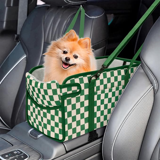 Console Dog Car Seat for Small Dogs, Foldable Booster Seat, Green Checkered | Portable Booster Seat Sits On Car Console/ Armrest. Foldable for Easy Storage. for Center Console, Easy To Clean. by NECKORY