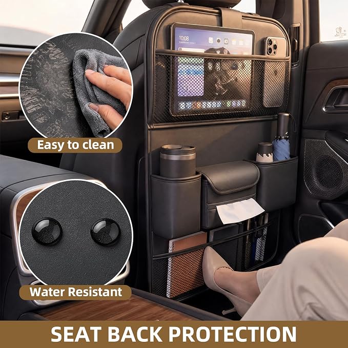 Car Backseat Organizer with Kick Mat & Foldable Tray, 2-Pack | Touchscreen Tablet Holder, Water Resistant PU Leather, Seat Back Protector with Storage Pockets, Road Trip Travel Accessories - Image 3