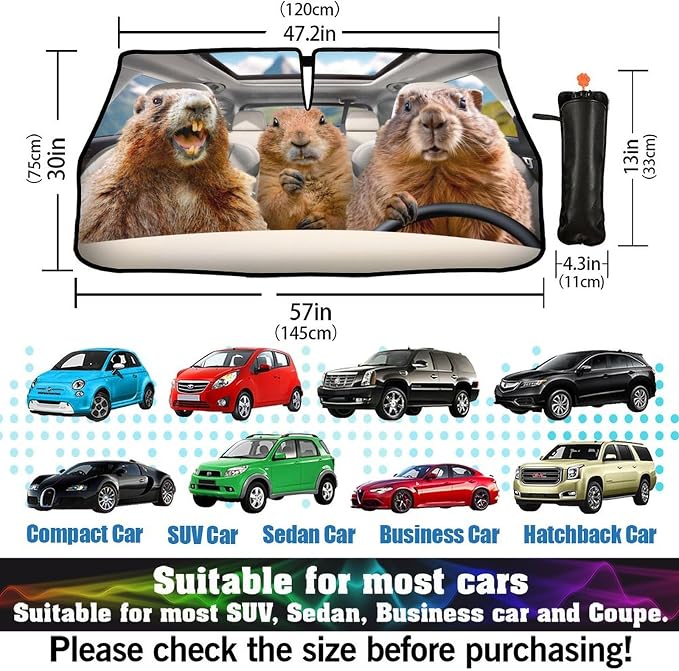 Funny Groundhog Car Windshield Sun Shade Umbrella Bendable Handle Foldable Animal Print Sunshade for Car Windshield Block UV Rays Keep Vehicle Cool for Most Sedans SUV Trucks Cars 57"x30" - Image 6