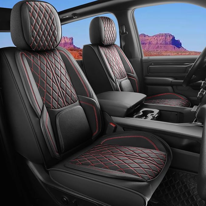 Car Seat Cover Custom Fit for Dodge Ram 1500 2500 3500 2002-2026 Faux Leather Seat Cover Set Compatible with Crew Quad Regular Cab Pickup Truck Cushions (Black & Blue, Front Seat) by DuDuWang