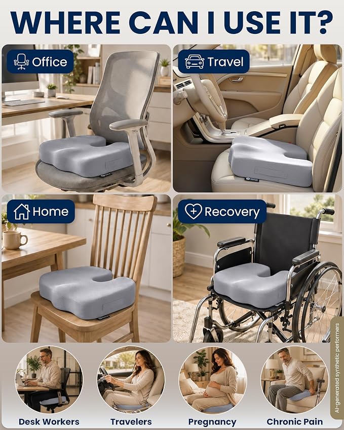 5 STARS UNITED Seat Cushion - Memory Foam Chair Cushion for Tailbone Pain Relief - Ergonomic Support for Coccyx, Sciatica & Butt - Office, Desk & Gaming Chair, Car Seat, Wheelchair, Airplane, L Gray - Image 3