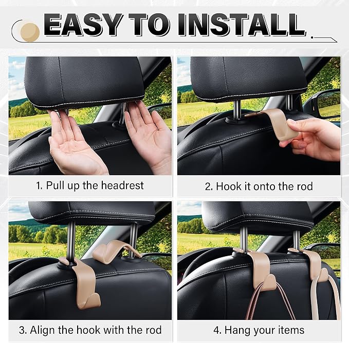 SINGARO 4 Pack Car Seat Headrest Hooks, Vehicle Back Seat Hanger Storage Organizer for Purse Handbag Backpack Coat Grocery, 360° Rotating Heavy Duty Holds 44lbs, Beige - Image 5