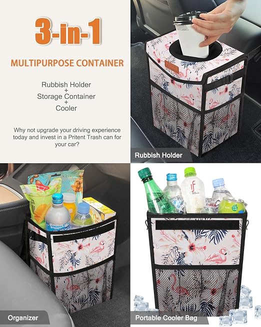 Pritent Car Trash Can with Lid Leakproof Car Garbage Bag Vehicle Trash Bin | Hanging Automotive Garbage Can,Multipurpose Car Accessories for Women Men Interior Car Storage Organizer(2 Gal,Flamingo) - Image 5