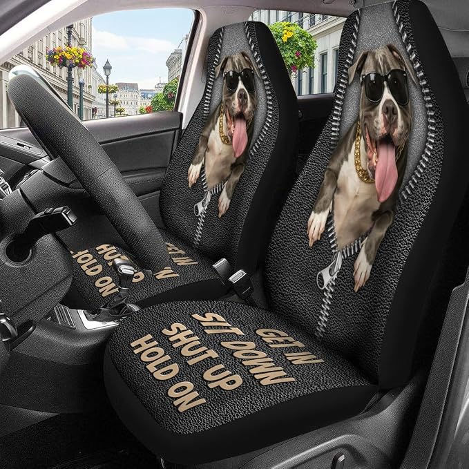 GENANY Funny Pitbull Car Seat Covers, 2-Piece Front Seat Set | 2-piece polyester front seat cover set, each 35 x 21 x 21 inches, with adjustable straps and hooks - Image 3