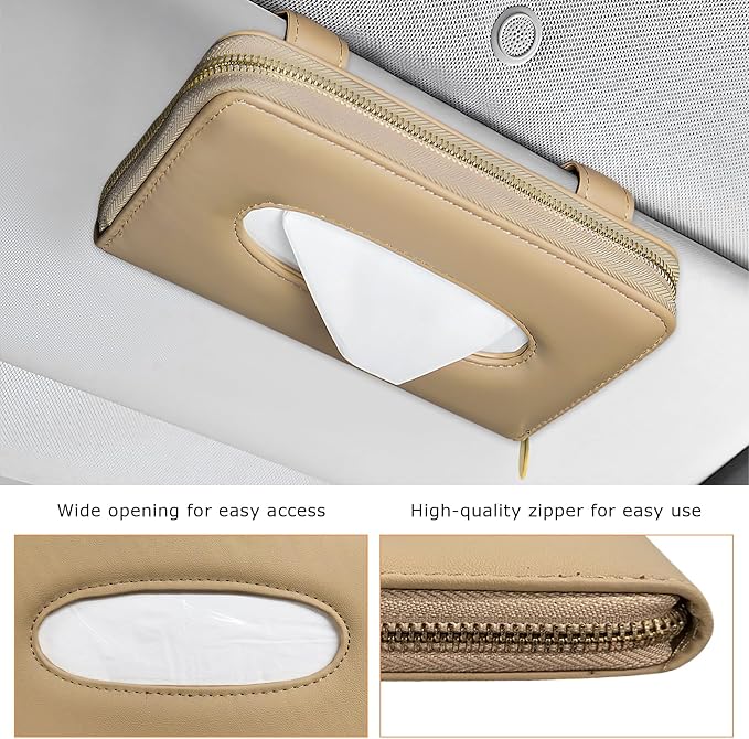 Car Tissue Box, Leather Auto Sun Visor Napkin Case Tissue Case Holder with Zipper, Sunvisor Paper Towel Storage Box Napkin Organizer for Most Vehicles, Car Accessories (Beige) - Image 3