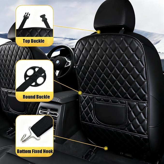 Leatherette Car Seat Protector - 2 Pack Large Car Kick Mats with Storage Organizer Seat Back Cover Against Dirty Shoes & Scratches, Universal Fit for Most Vehicles (Black) - Image 2