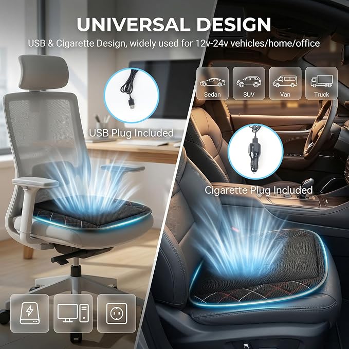 Cooling Car Seat Cover, Black Automotive Air Ventilated Cooling Seat Cover with 3 Adjustable Speeds for Summer Driving, Comfortable Cooling Car Seat Cushion for Car SUV Truck Van, Home & Office Chair - Image 5