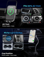 Dual Coil Cup Phone Mount Wireless Charger, Universal Cell Phone Holder, Cup Holder 15W Fast Charging for iPhone 17 16 Pro Max, Samsung Galaxy - Black - Image 3