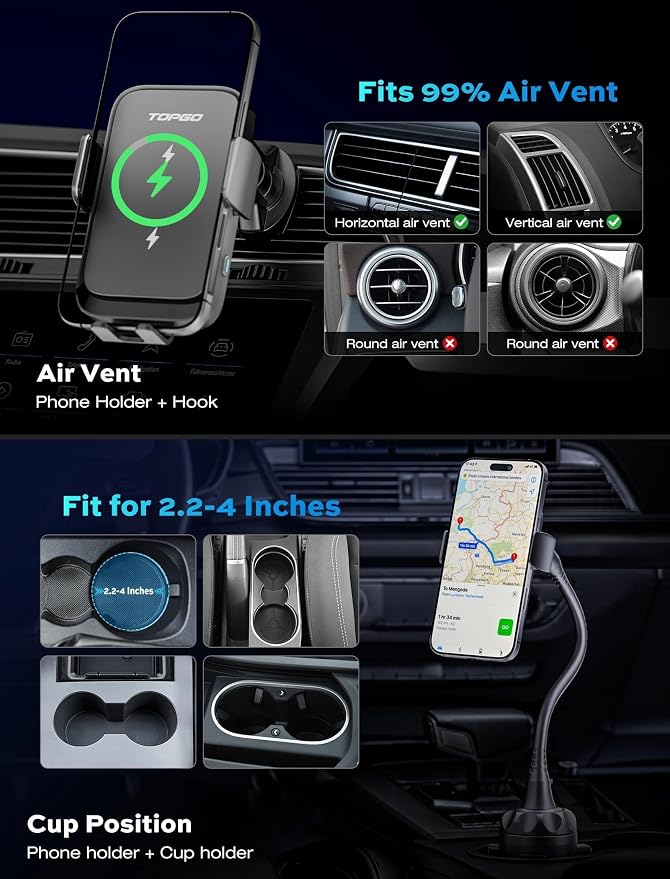 Dual Coil Cup Phone Mount Wireless Charger, Universal Cell Phone Holder, Cup Holder 15W Fast Charging for iPhone 17 16 Pro Max, Samsung Galaxy - Black - Image 3