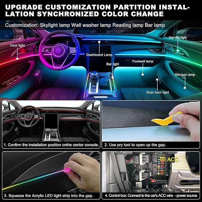 Dreamcolor Acrylic Interior Car LED Strip Light with Wireless APP, RGB 14 in 1 with 175 inches 600 LEDs Fiber Optic Car Ambient Lighting Kits, Music Sync Function Neon LED Strip for Car Accessories - Image 6