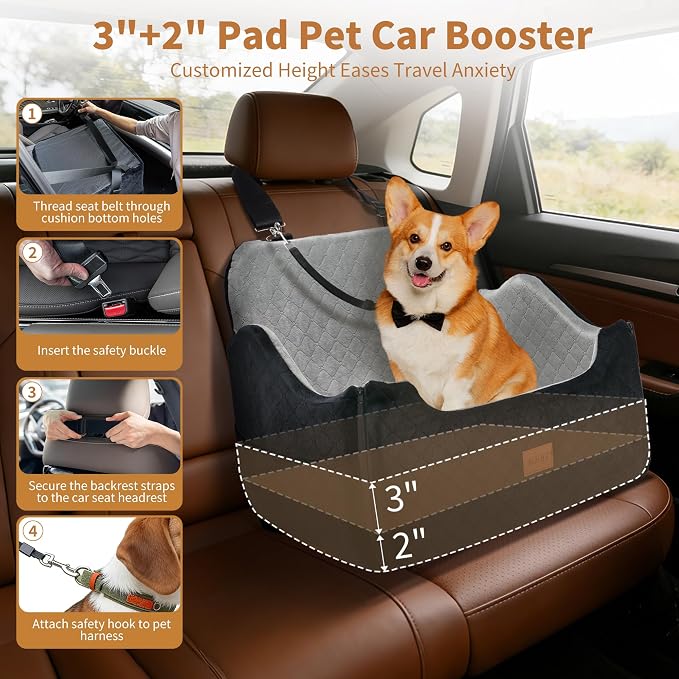 XEEP Dog Car Seat for Medium & Large Dogs Up to 55 lbs, Memory Foam | 2-in-1 Design, Includes Blanket & Urine Pad, 2 Height-Adjust Cushions, Two Safety Tethers, Machine Washable Cover(Black/Grey) - Image 7