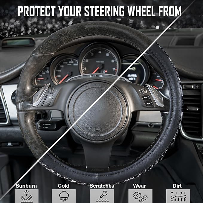 CAR PASS Bling Diamond Leather Steering Wheel Cover, with Bling Sparkly Crystal Glitter Rhinestone Universal Fit 14" 1/2-15" Car Wheel Protector Fit for Women Girl SUV,Vans,Sedans,Trucks, Zebra Print - Image 7