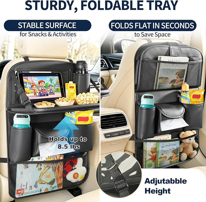 Backseat Car Organizer with Foldable Tray Table (2 Pack) | Premium PU Leather Seat Back Organizer with Tablet Holder, Large Pockets, Kick Mat for Family Travel and Daily Use - Image 3