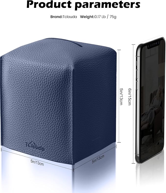 Tissue Box Cover for PU Leather, Modern Simple Solid Color Holder Square Tissue Bag, Ideal for Bathrooms,Office,Car,Outdoor Tent,Dining Table,5"X5"X5", Double Navy Blue - Image 2