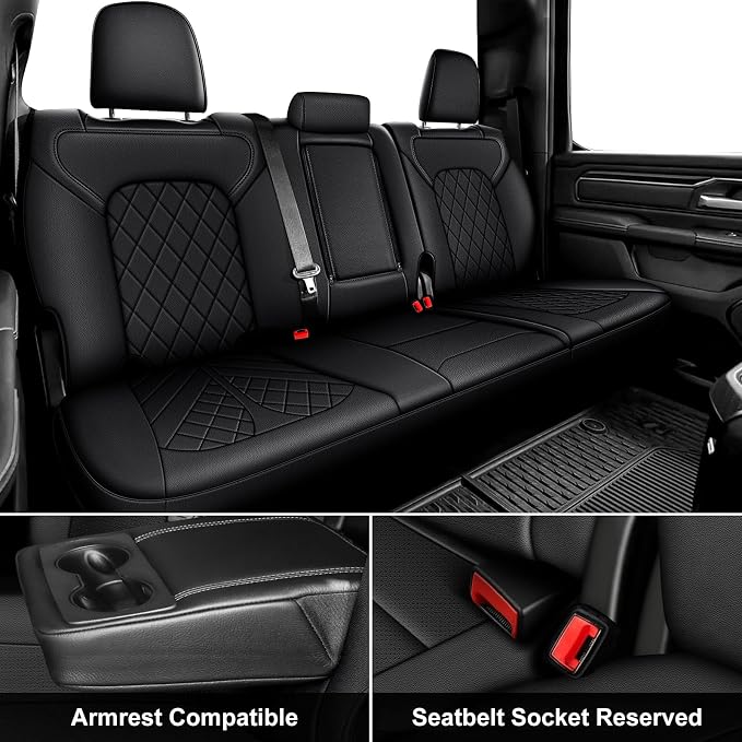 AOMSAZTO Custom Fit Seat Covers for Dodge RAM 1500 2019-2026 Crew Cab Truck | Black lattice Seat Covers, Pickup Truck, Premium Faux Leather, Perfect Fit, Breathable, Water Resistant, Airbag compatible - Image 2