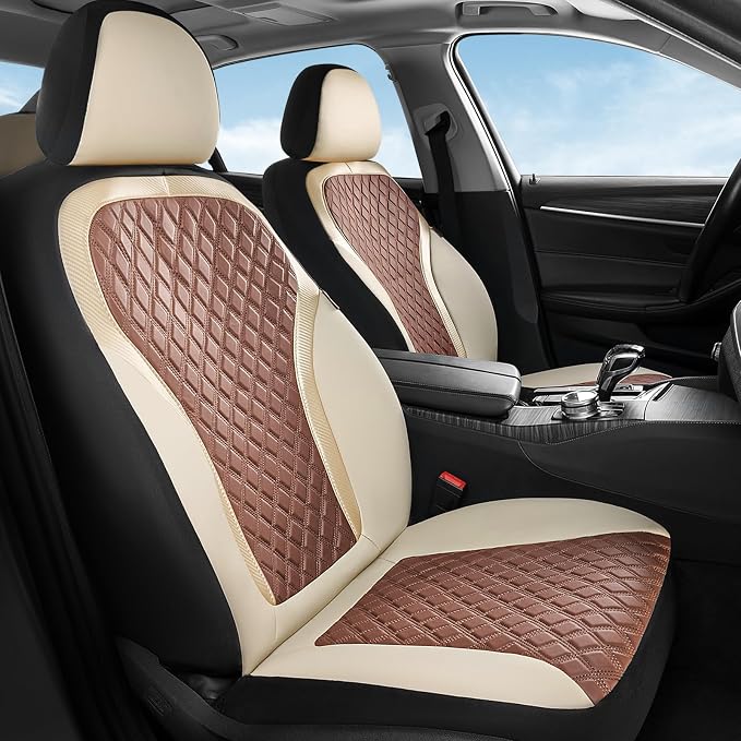 Coverado Car Seat Covers Full Set, Beige Brown Car Seat Covers, Luxury Diamond Leather Car Seat Cover with Carbon Fiber Weave, Spill-Proof Seat Cushions, Automotive Seat Cover Universal Fit Most Cars - Image 6
