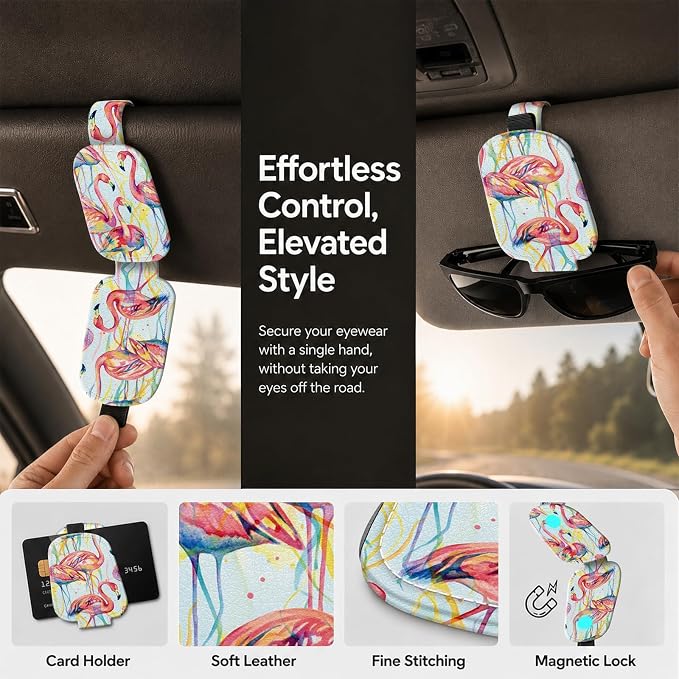 Sunglasses Holder for Car Visor, PU Leather Glasses Clip Organizer, Cute Magnetic Eyeglass Holder for Vehicle Sun Visor, Car Interior Accessory for Women & Men, Rainbow Flamingos - Image 5