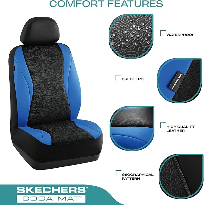 Skechers Car Seat Covers,Leather Seat Covers with GOGA Mat Technology,Waterproof Car Seat Covers Front Seats,Airbag Compatible,Comfort Universal Fit for Most Cars,Vans,Trucks,SUVs,Blue - Image 3