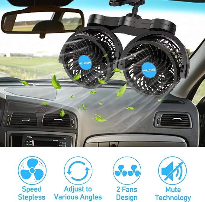 Alagoo 12V Car Fan, Adjustable 4 Inches Dual Head Car Clip Fan for Front/Rear Seat Passenger, 360° Rotatable Cars Fans with Stepless Speed Regulation for Car/Vehicle SUV, RV - Image 5