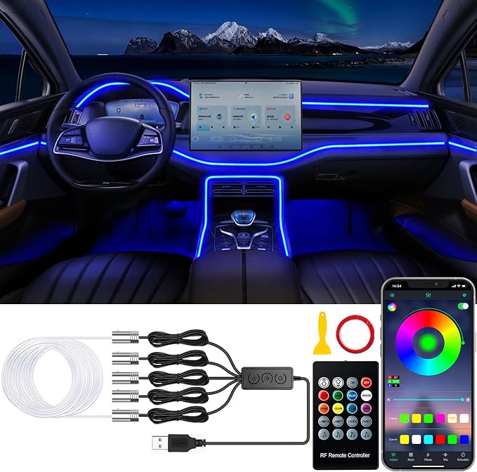 Jushope Car LED Lights, Interior Car Lights with Wireless APP/RF Remote/Button Control, Car Ambient Lighting Kit with 236" Integrated Molding Fiber Optic RGB Sync to Music (USB) by Jushope