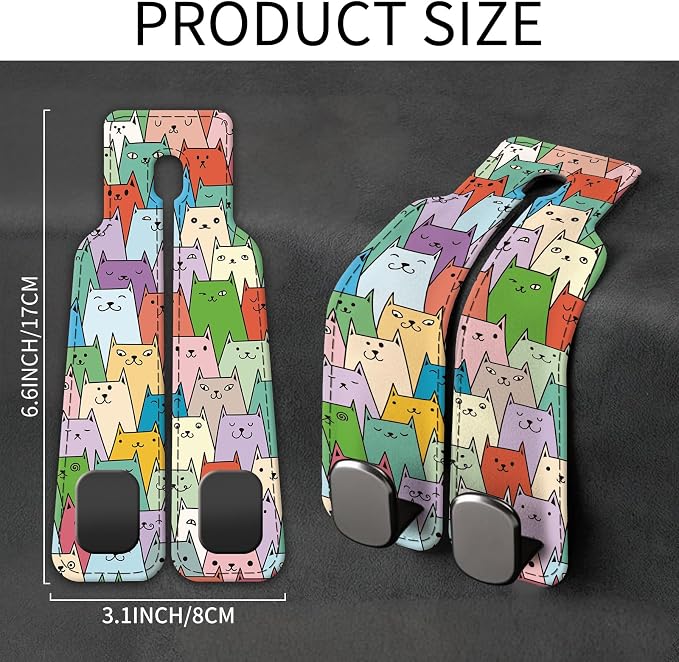 Car Seat Back Storage Headrest Hook, Premium Leather Double Metal Hook, Hanger Storage Organizer for Purse Cloth Bag, Car Interior Accessories Cute Colorful Cats - Image 5