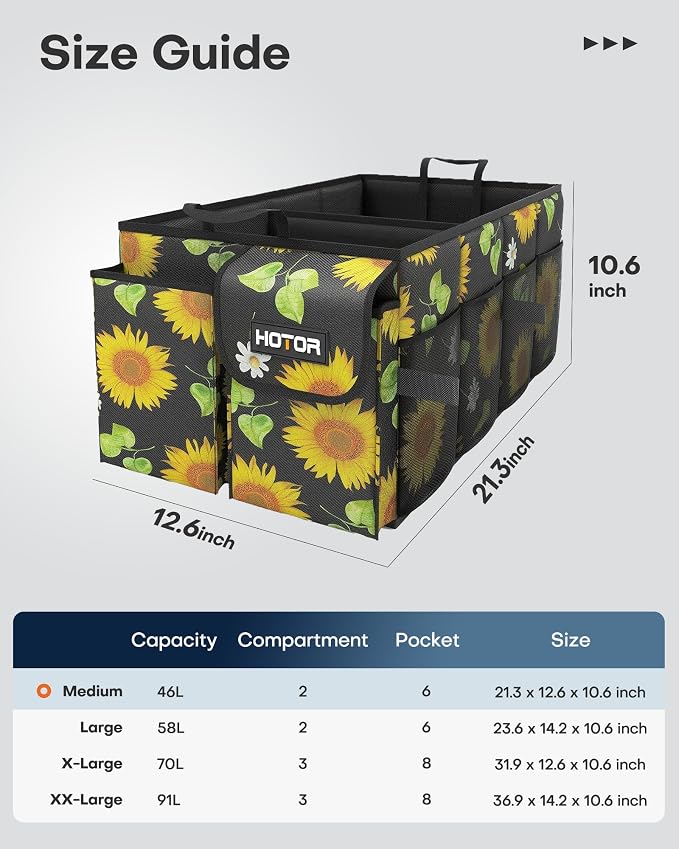 HOTOR Trunk Organizer - Foldable Car Organizer for SUVs & Sedans Storage | Sturdy Car Organization for Men & Women, Car Accessories, Tools, Sundries, Sunflower, 2 Compartments, 21.3" x 12.6" x 10.6" - Image 2