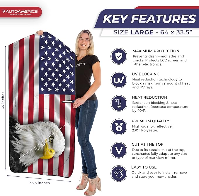 Autoamerics 1-Piece Windshield Sun Shade New American Eagle Flag USA Patriotic Design - Foldable Car Front Window Sunshade for Sedans SUV Truck - Blocks Max UV Rays and Keeps Your Vehicle Cool - Large - Image 2