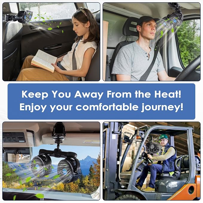 XOOL Clip Car Fan, Adjustable Dual Head 4 Inches 12V Fan for Front/Rear Seat Passenger, 360° Rotatable Electric Car Cooling Fans with Stepless Speed Regulation for SUV, RV, Vehicles - Image 8