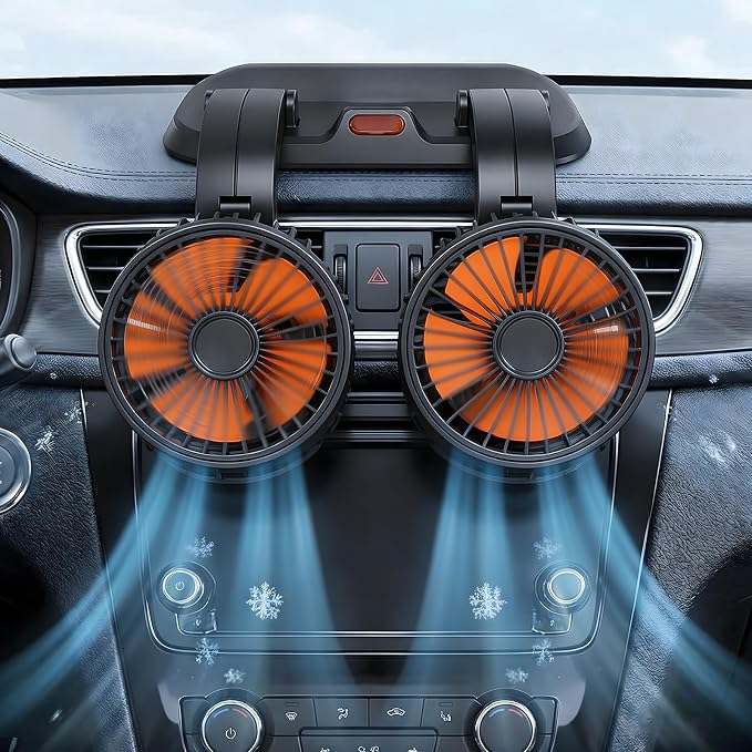 24V Dual Head Car Fan for SUV Truck RV, 2-Speed 360° Rotate | Cigarette Lighter Powered，Dual-head independent 360° rotation，2-speed turbo airflow，24V universal compatibility - Image 6