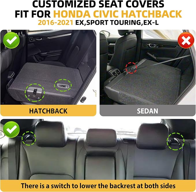 Lolcar Custom Fit Civic Seat Covers for Honda Civic 2016 2017 2018 2019 2020 2021 Hatchback EX,Sport Touring,EX-L - 5-Seats Leather Full Set，Black red line(60/40 Split Seatback) - Image 2