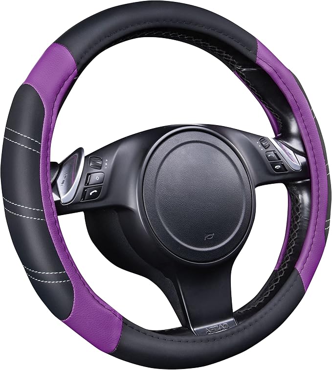 CAR PASS Line Rider Microfiber Leather Sporty 14.5-15 inch Steering Wheel Cover Universal Fits for 95% Truck,SUV,Cars, Anti-Slip Safety Comfortable Design (Black Purple) - Image 2