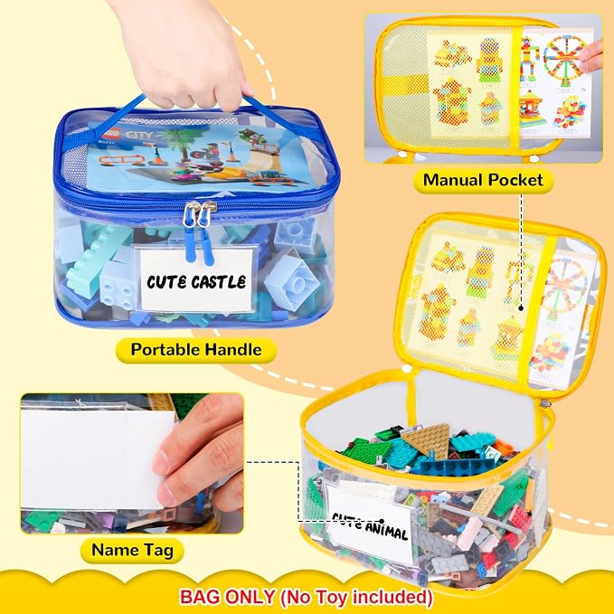 Tesuko 6 Pack Clear Toy Storage Bag with Name Tag& Manual Pocket, Waterproof Transparent PVC Toy Organizer Case for Lego Bricks, Board Games, Building Blocks, Puzzles (Large Capacity, Colorful) - Image 3