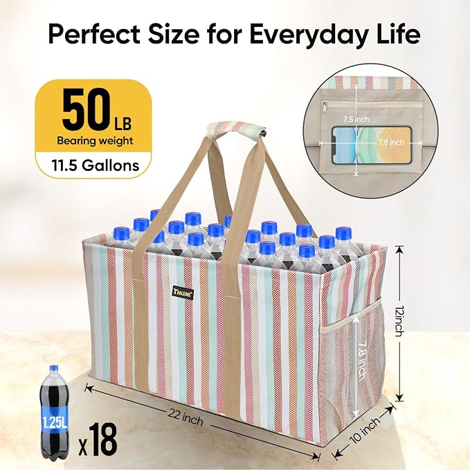 BALEINE Extra Large Utility Tote Bag with Reinforced Wire Frame, Reusable Grocery Bag for Shopping, Picnic (Color Stripe, 22''x12''x10'') - Image 5