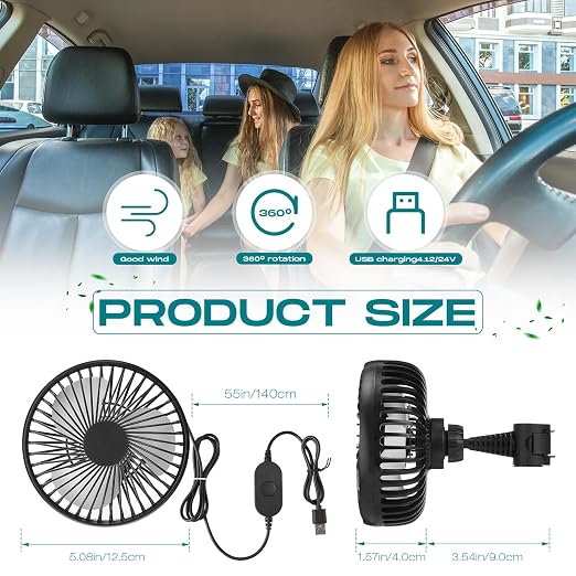 Glooglitter 2 Pcs Car Fan USB for Rear Seat Passenger Portable Headrest 360 Degree Rotatable 3 Speed 12v/ 24v Automobile Ventilation Fan with Clip for SUV Backseat, RV, Vehicles(Classic,Black) - Image 2