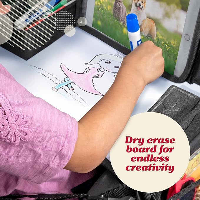 Lusso Gear Kids Lap Desk Tray (Value 2 Pack) - Mesh Pockets & Cup Holder for Car Travel Essentials - Car Seat Tray for Kids Travel & Tablet Holder - Dry-Erase Surface for Road Trip Activities - Black - Image 5