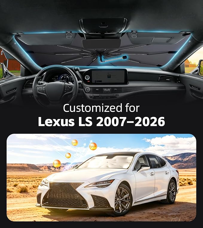 Windshield Sun Shade for Lexus LS 2007-2026 with 360° Rotating Shaft | Custom Fit Umbrella Sunshade for UV Blocking, Interior Heat Protection, Easy Storage, UPF 50+ Cool Windshield Cover - Image 2