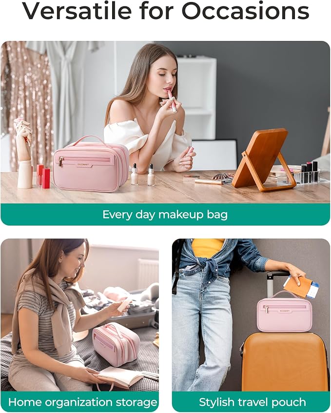 BAGSMART Travel Makeup Bag, Make Up Bag with Multiple Compartments for Organizer, Compact & Durable Cosmetic Organizer for Women for Travel Accessories (Pink - Image 6