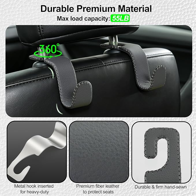 Car Seat Headrest Hook Heavy Duty 55lb Metal Hanger with Leather for Bags | Universal Vehicle Seat Back Organizer, Ergonomic Design, Hang Groceries Handbag Backpack Water Bottle, 2 Pack Gray - Image 4