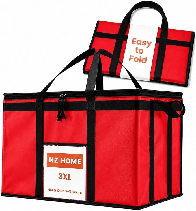NZ home Insulated Food Bag, Portable Cooler Tote (3XL, Red, 1 Pack) | Large thermal bag, For cold & hot food, Soft sided cooler, Heavy duty carrier, Grocery shopping, Food delivery, Catering bag by NZhome