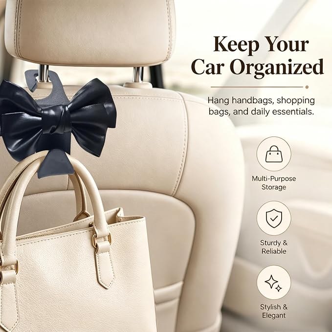 2-Pack Cute Bow Car Purse Hooks, Headrest Hangers, black | Cute bow hooks keep purses and bags organized within reach while saving space; fits most car headrests - Image 2