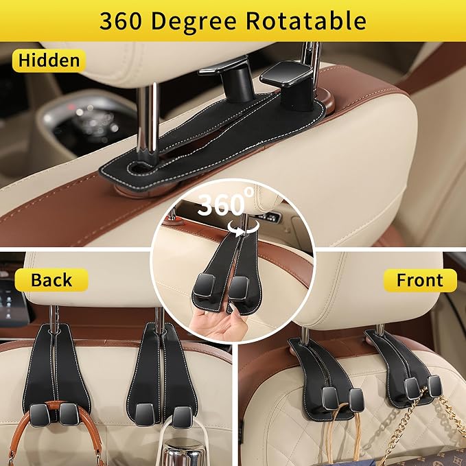 WEIHAO Wide Purse Hook for Car, Twin Hook Leather Car Headrest Hangers, Car Seat Back Storage Hook, Headrest Hooks Purse Bag Holder for Car Universal Fit Sedan Trucks SUVs Most Vehicles (Black-4PCS) - Image 3