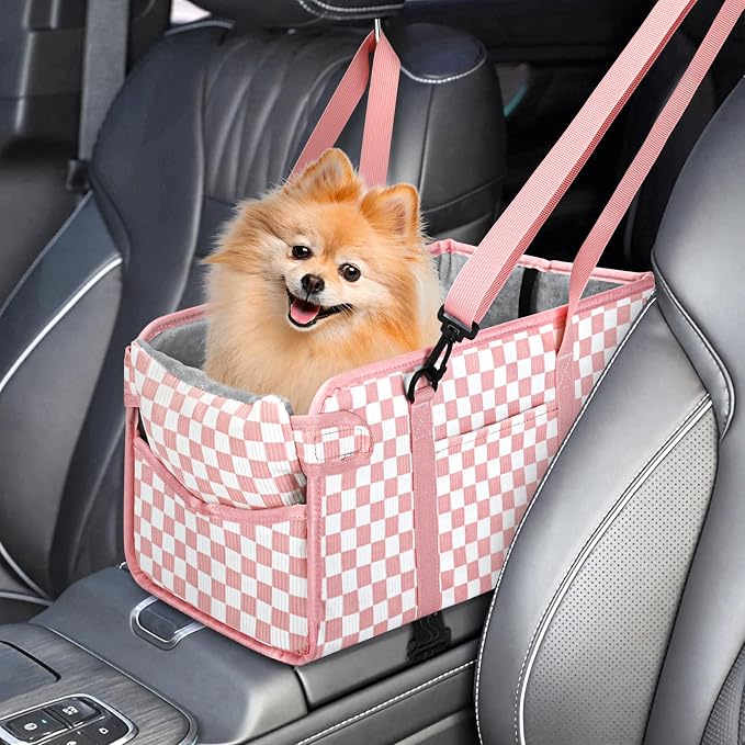 Console Dog Car Seat for Small Dogs, Foldable Booster Seat, Pink Checkered | Portable Booster Seat Sits On Car Console/ Armrest. Foldable for Easy Storage. for Center Console, Easy To Clean. by NECKORY
