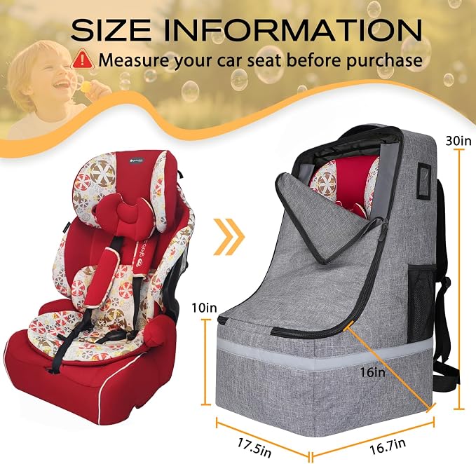 LARIPOP Car Seat Travel Bag for Airplane, Universal Gate Check Car Seat Bag, Padded Backpack with Waist Belt, Reflective Strips & Protective Feet, Fits Infant Convertible Booster Seats, Grey - Image 2