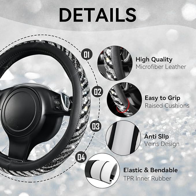 CAR PASS Bling Diamond Leather Steering Wheel Cover, with Bling Sparkly Crystal Glitter Rhinestone Universal Fit 14" 1/2-15" Car Wheel Protector Fit for Women Girl SUV,Vans,Sedans,Trucks, Zebra Print - Image 5