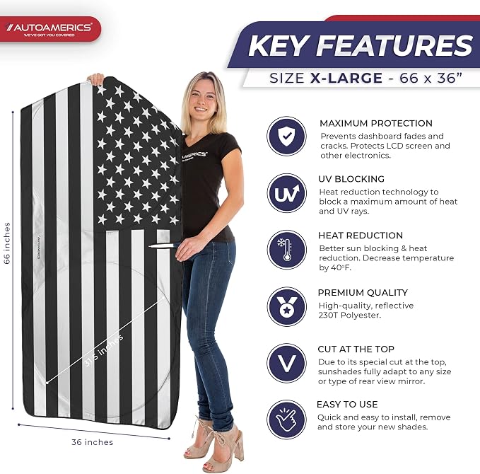 Autoamerics Truck Windshield Sun Shade with Storage Pouch & Anti-Slip Dashboard Pad - Foldable B&W American Flag Design Sunshade - Blocks Max UV Rays, Keeps Vehicle Cool | X-Large (66 x 36 inches) - Image 2