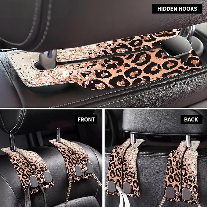 Car Seat Back Storage Headrest Hook, Premium Leather Double Metal Hook, Hanger Storage Organizer for Purse Cloth Bag, Car Interior Accessories Glitter Pink Leopard - Image 4